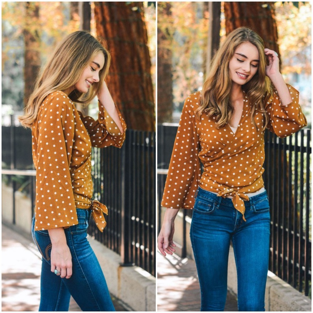 Polkadot Kimono Wrap Top-Camel